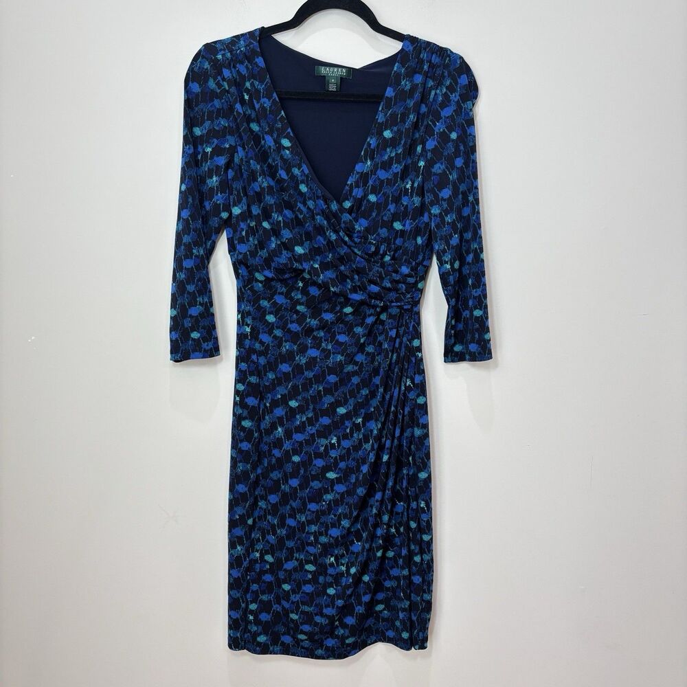 Ralph Lauren Faux Wrap Dress Women 8 Blue Black Knit Stretch Office Sophisticate